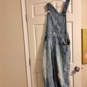 We The Free Light Blue Distressed Denim Overalls